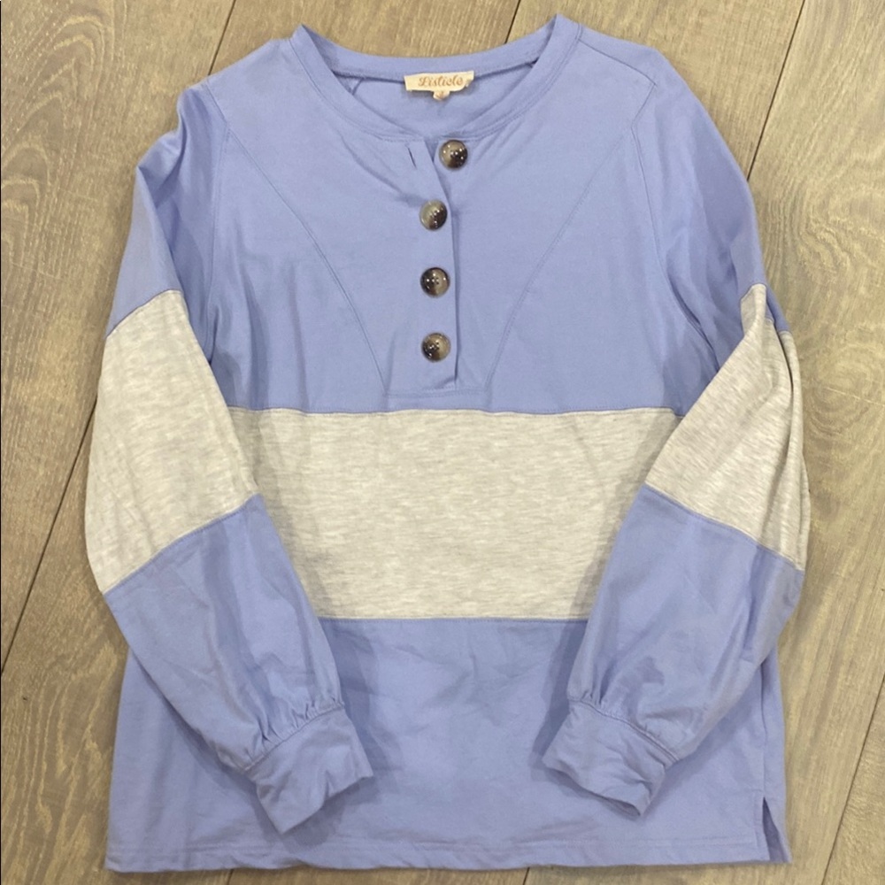 Blue and Gray Long Sleeve Tee with Color-Block Design
